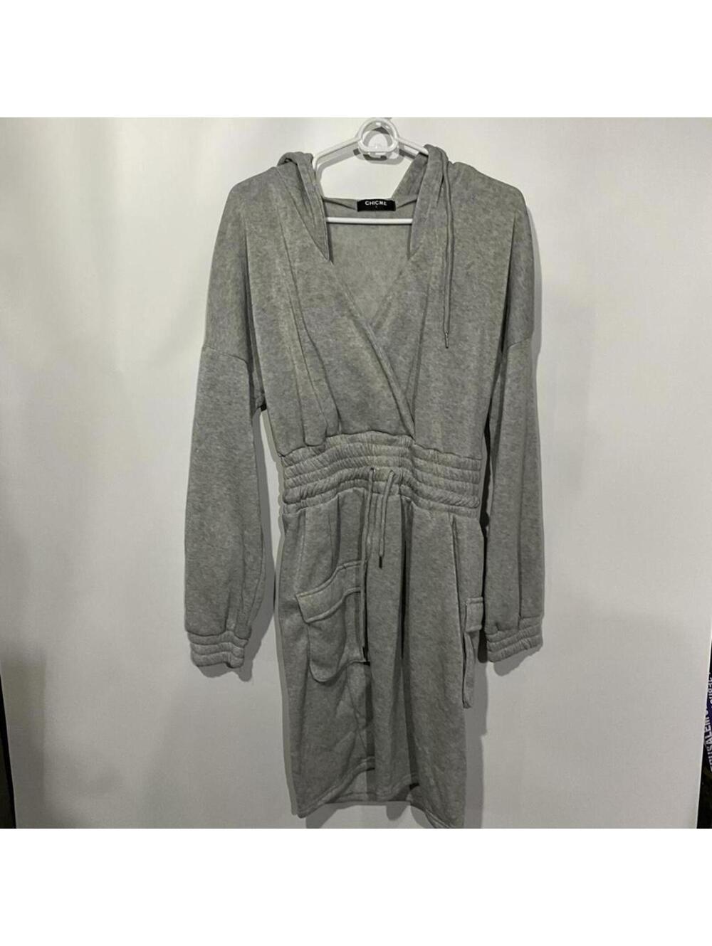 Femme Luxe Grey Hooded Drawstring Waist Dress